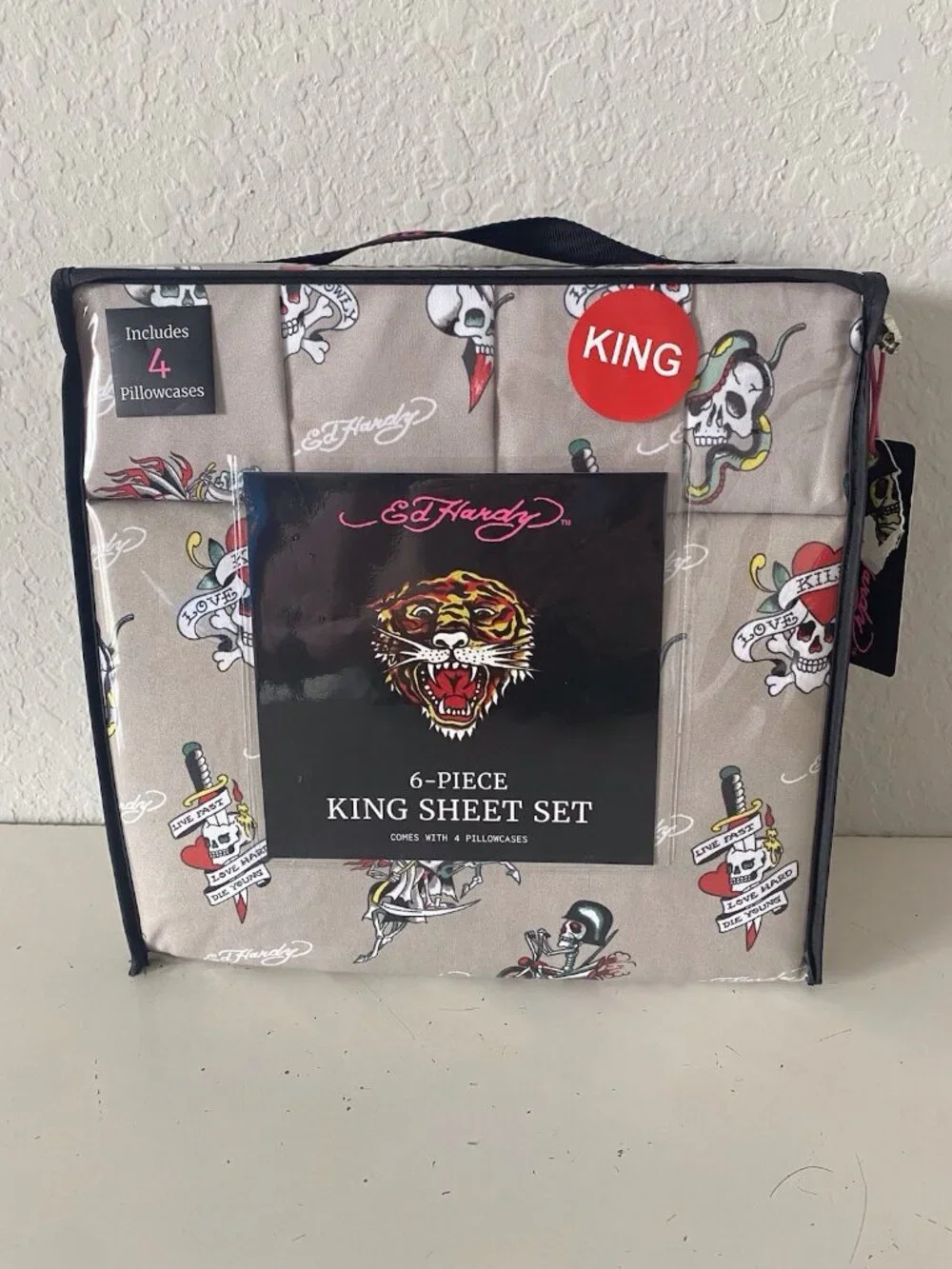 6‎ Piece Ed Hardy KING Size Sheet Set Logo Skulls Snake Hearts Roses Khaki NEW